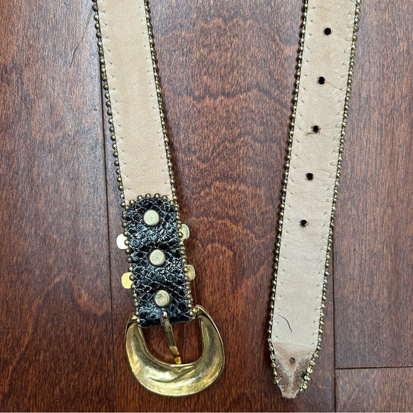 Simons Black Snakeskin Pattern, Gold Glitter Leather Belt, Gold Buckle Size XS/S - Picture 14 of 16